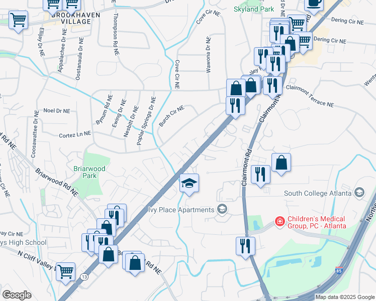 map of restaurants, bars, coffee shops, grocery stores, and more near 2108 Drew Valley Road Northeast in Atlanta