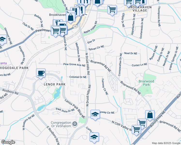 map of restaurants, bars, coffee shops, grocery stores, and more near 1399 North Druid Hills Road in Brookhaven