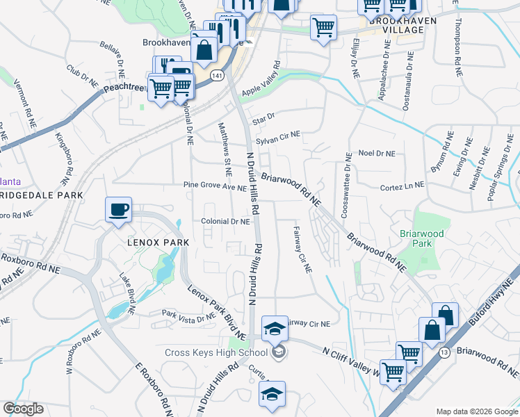 map of restaurants, bars, coffee shops, grocery stores, and more near 1399 North Druid Hills Road in Brookhaven