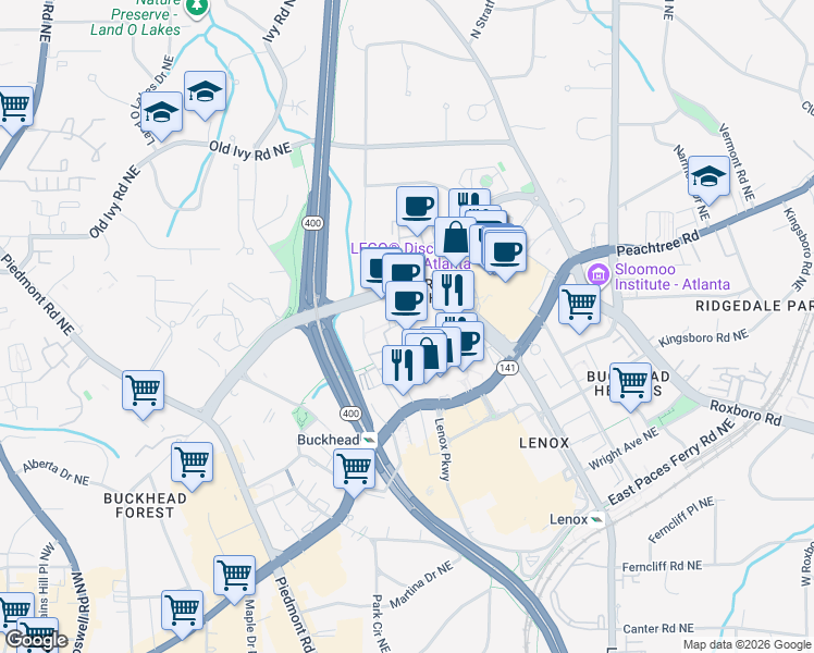 map of restaurants, bars, coffee shops, grocery stores, and more near in Atlanta