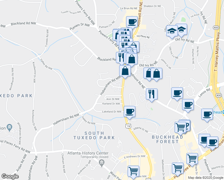 map of restaurants, bars, coffee shops, grocery stores, and more near 51 Honour Avenue Northwest in Atlanta