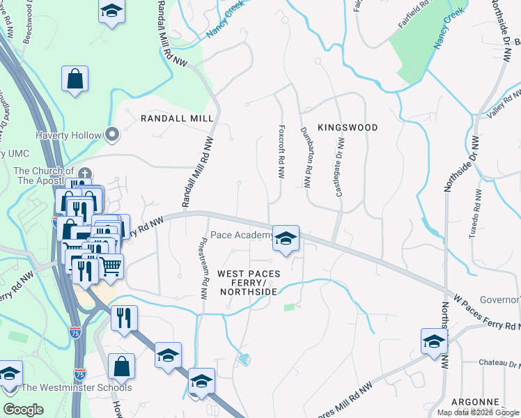 map of restaurants, bars, coffee shops, grocery stores, and more near 3532 Rembrandt Road Northwest in Atlanta