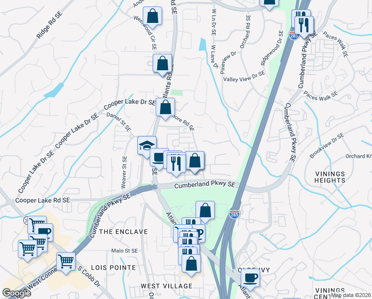 map of restaurants, bars, coffee shops, grocery stores, and more near 4204 Zermatt Drive Southeast in Smyrna