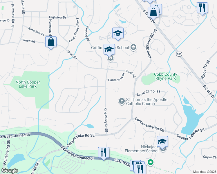 map of restaurants, bars, coffee shops, grocery stores, and more near 4199 King Valley Drive Southeast in Smyrna