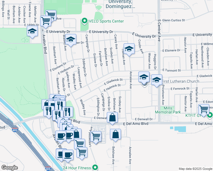 map of restaurants, bars, coffee shops, grocery stores, and more near 956 East Gladwick Street in Carson