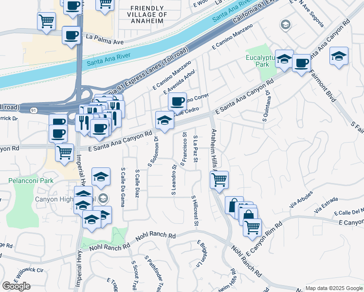 map of restaurants, bars, coffee shops, grocery stores, and more near 131 South Francisco Street in Anaheim