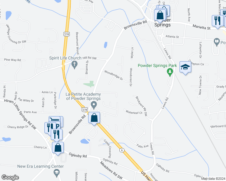 map of restaurants, bars, coffee shops, grocery stores, and more near 4710 Spring Gate Drive in Powder Springs