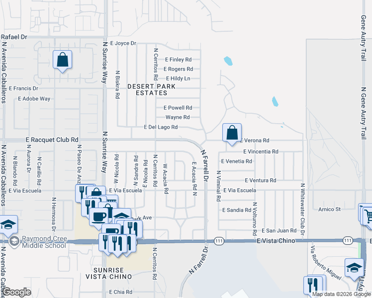 map of restaurants, bars, coffee shops, grocery stores, and more near 2279 East Racquet Club Road in Palm Springs