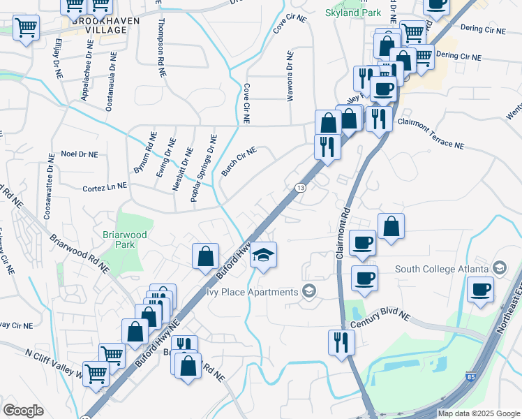 map of restaurants, bars, coffee shops, grocery stores, and more near 2108 Drew Valley Road Northeast in Atlanta