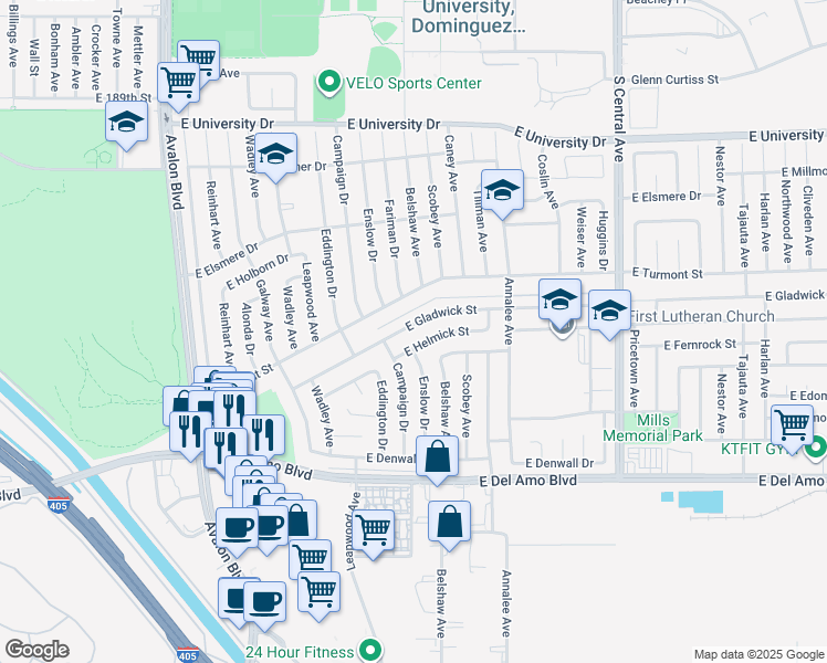map of restaurants, bars, coffee shops, grocery stores, and more near 956 East Gladwick Street in Carson