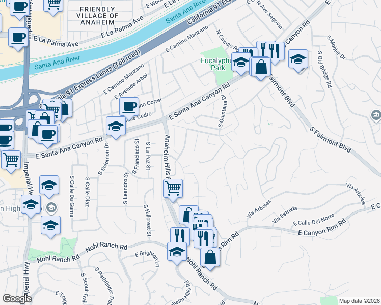 map of restaurants, bars, coffee shops, grocery stores, and more near 160 South Summertree Road in Anaheim