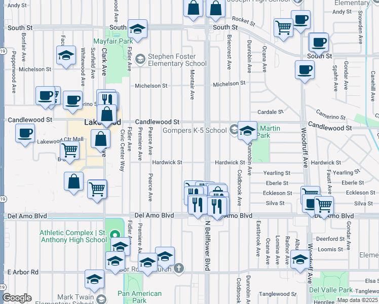 map of restaurants, bars, coffee shops, grocery stores, and more near 5123 Montair Avenue in Lakewood