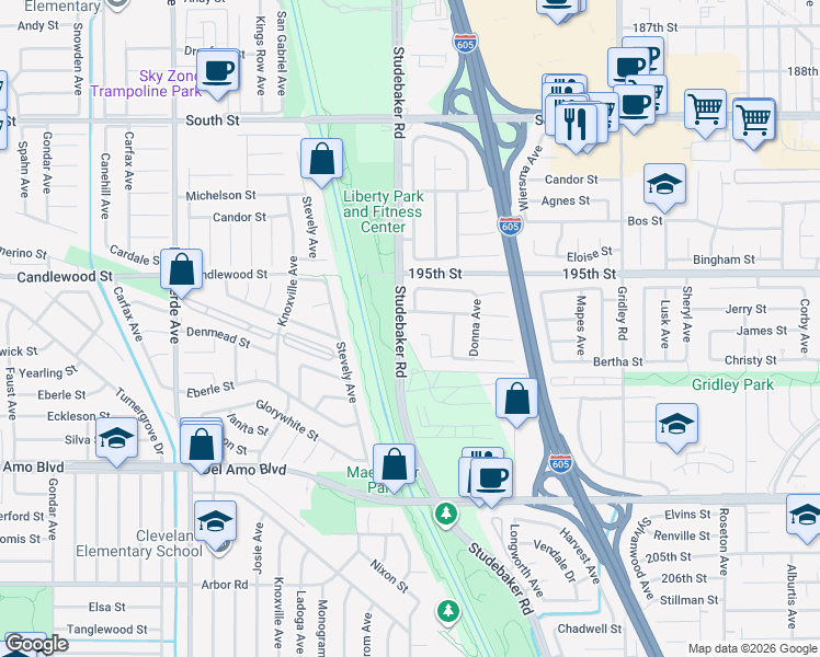 map of restaurants, bars, coffee shops, grocery stores, and more near 11003 Bradford Circle in Cerritos