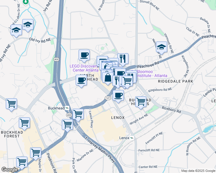 map of restaurants, bars, coffee shops, grocery stores, and more near 3500 Peachtree Road in Atlanta