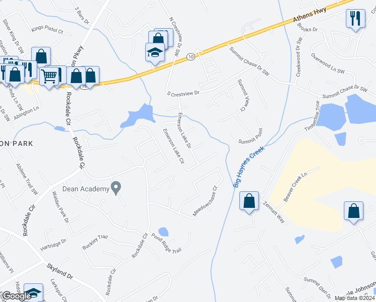 map of restaurants, bars, coffee shops, grocery stores, and more near 2935 Emerson Lake Drive in Snellville