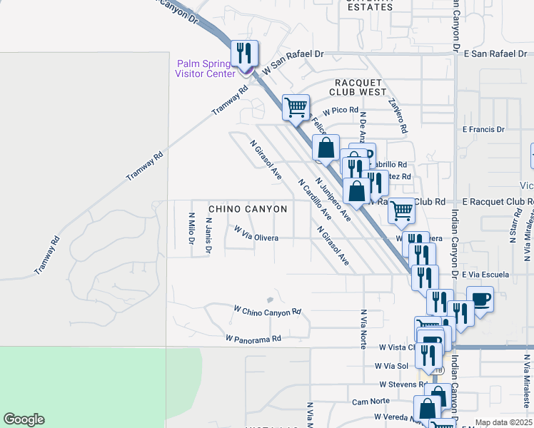 map of restaurants, bars, coffee shops, grocery stores, and more near 2379 North Leonard Road in Palm Springs