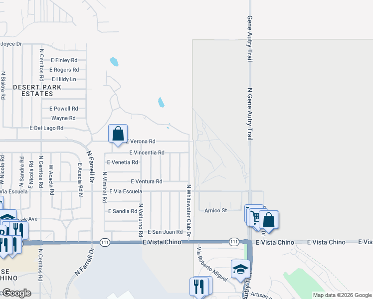 map of restaurants, bars, coffee shops, grocery stores, and more near 2450 North Whitewater Club Drive in Palm Springs