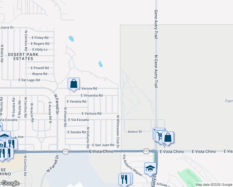 map of restaurants, bars, coffee shops, grocery stores, and more near 2450 North Whitewater Club Drive in Palm Springs