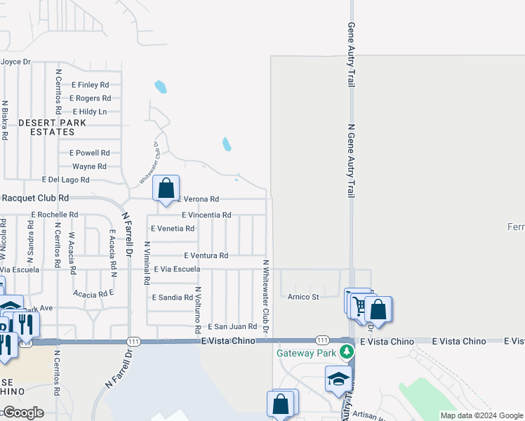 map of restaurants, bars, coffee shops, grocery stores, and more near 3190 East Vincentia Road in Palm Springs