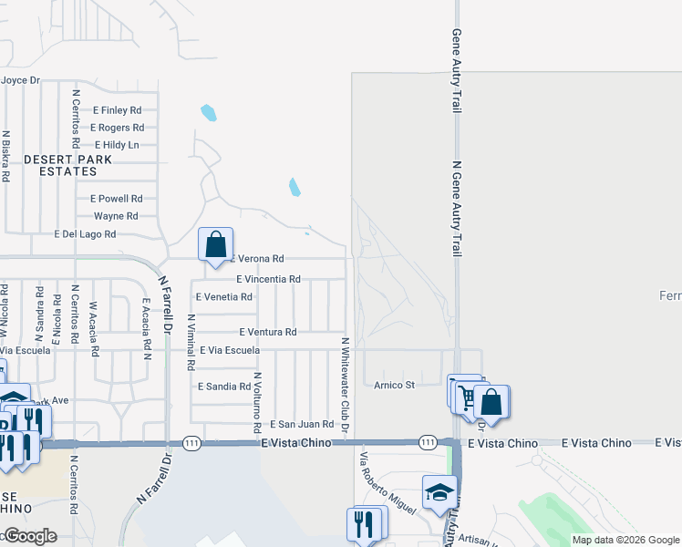 map of restaurants, bars, coffee shops, grocery stores, and more near 3190 East Vincentia Road in Palm Springs