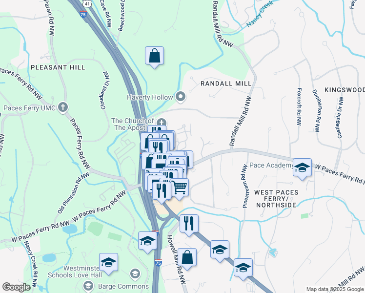 map of restaurants, bars, coffee shops, grocery stores, and more near 78 Paces West Circle Northwest in Atlanta
