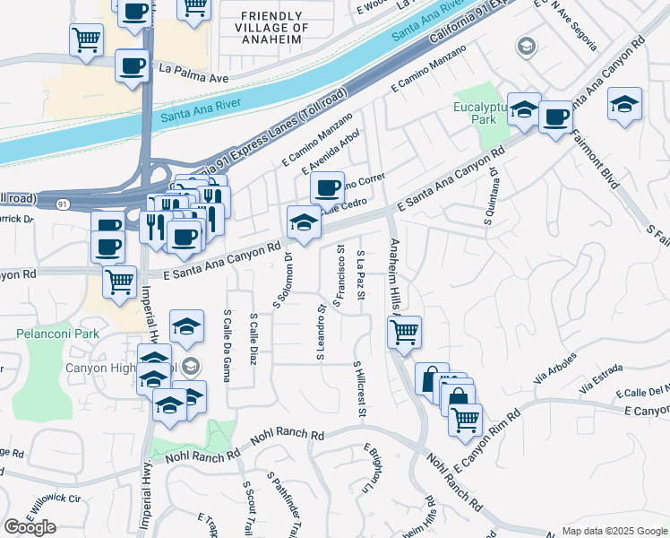 map of restaurants, bars, coffee shops, grocery stores, and more near 131 South Francisco Street in Anaheim