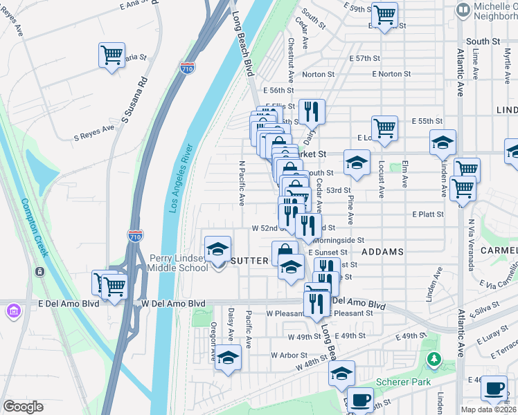 map of restaurants, bars, coffee shops, grocery stores, and more near 42 West Mountain View Street in Long Beach