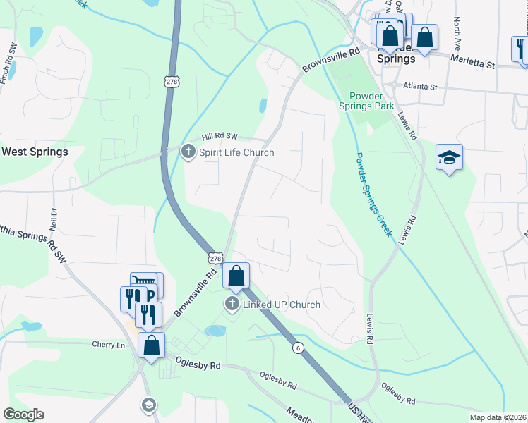map of restaurants, bars, coffee shops, grocery stores, and more near 4151 Woodcrest Lane in Powder Springs