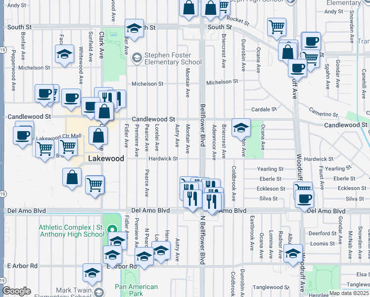 map of restaurants, bars, coffee shops, grocery stores, and more near 5123 Montair Avenue in Lakewood