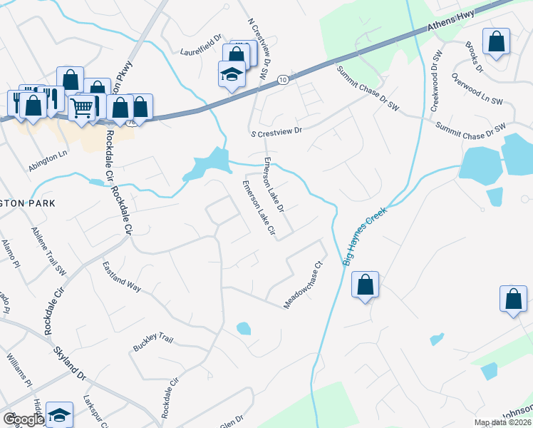 map of restaurants, bars, coffee shops, grocery stores, and more near 1844 Emerson Lake Circle in Snellville