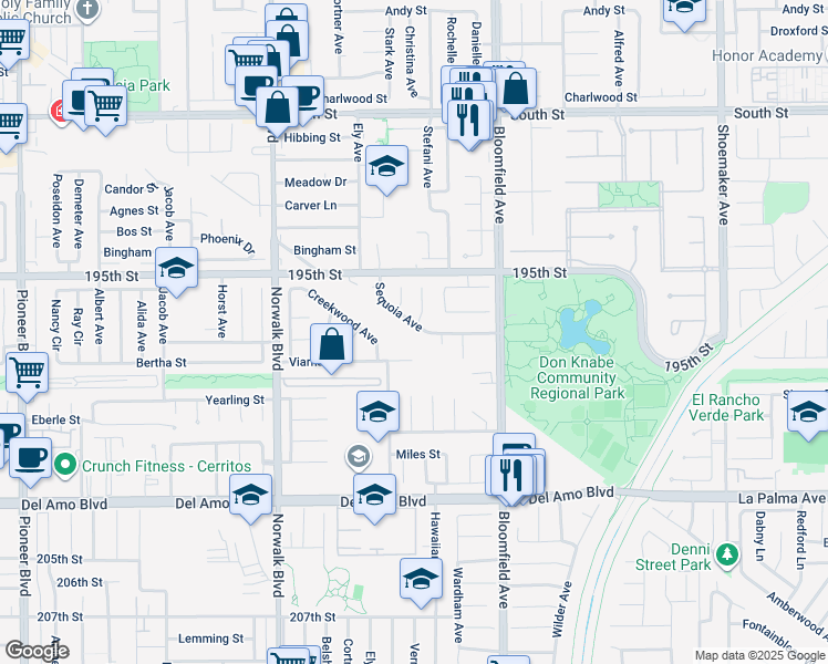 map of restaurants, bars, coffee shops, grocery stores, and more near 19657 Sequoia Avenue in Artesia