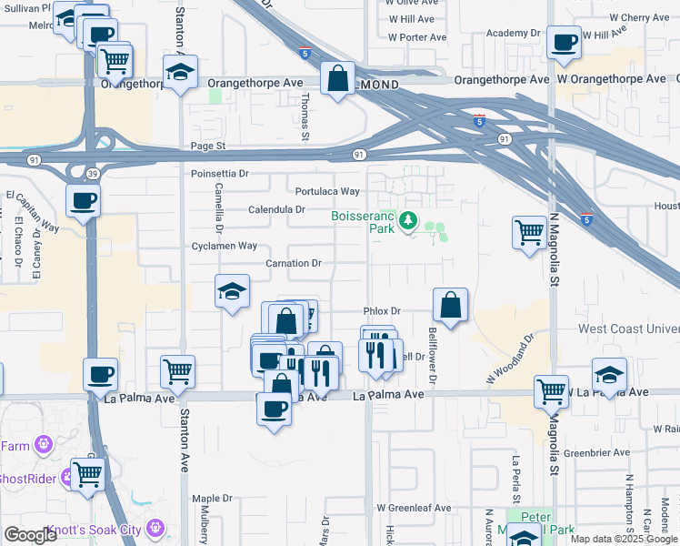 map of restaurants, bars, coffee shops, grocery stores, and more near 8381 Carnation Drive in Buena Park
