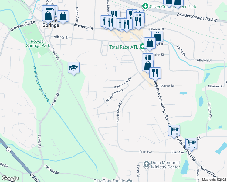 map of restaurants, bars, coffee shops, grocery stores, and more near 4144 Mistymorn Way in Powder Springs