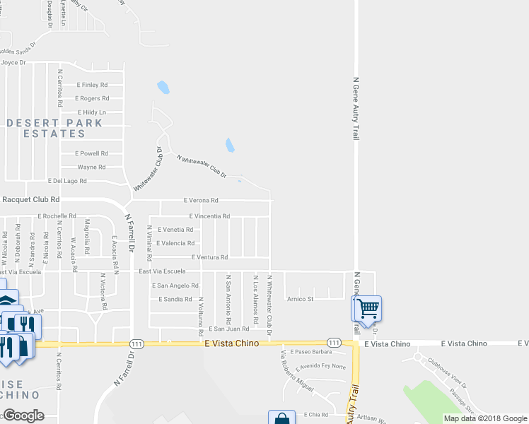 map of restaurants, bars, coffee shops, grocery stores, and more near 3190 East Vincentia Road in Palm Springs