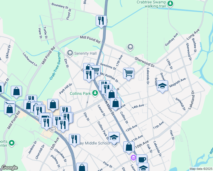 map of restaurants, bars, coffee shops, grocery stores, and more near 804 17th Ave in Conway