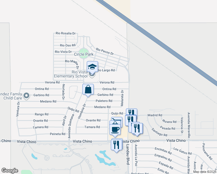 map of restaurants, bars, coffee shops, grocery stores, and more near 67786 Ontina Road in Cathedral City