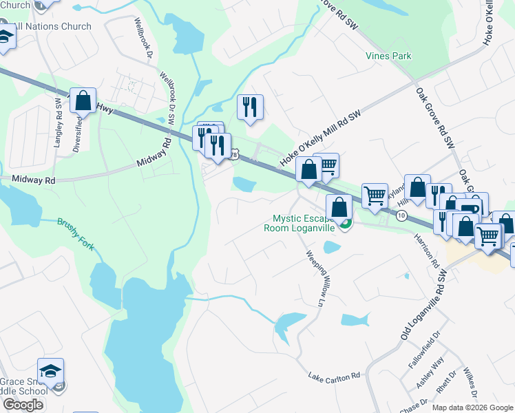 map of restaurants, bars, coffee shops, grocery stores, and more near 440 Aristocrat Drive Southwest in Loganville