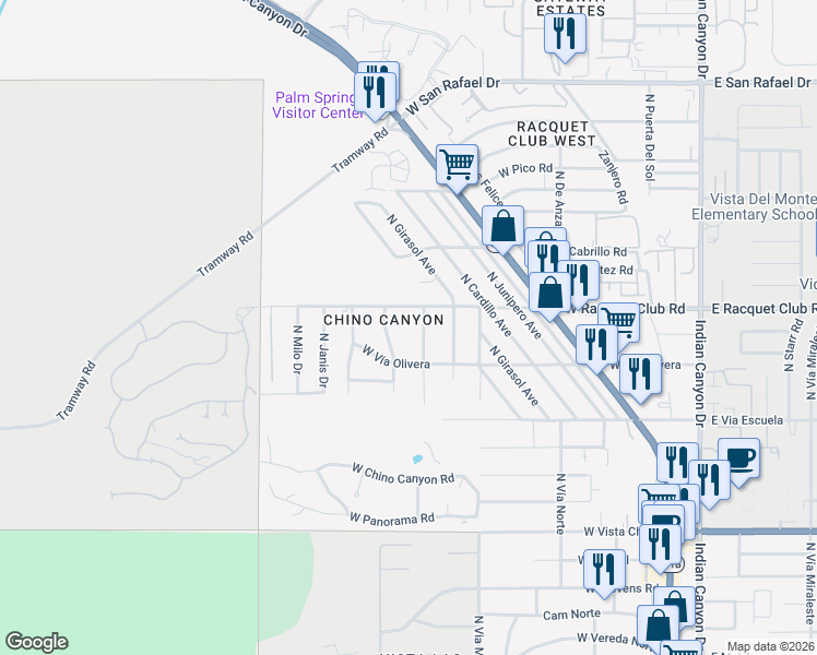 map of restaurants, bars, coffee shops, grocery stores, and more near 2379 North Leonard Road in Palm Springs