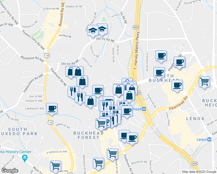 map of restaurants, bars, coffee shops, grocery stores, and more near 51 Ivy Chase Northeast in Atlanta