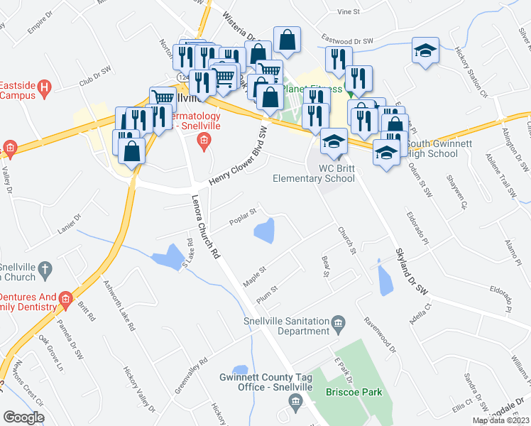 map of restaurants, bars, coffee shops, grocery stores, and more near 2541 Poplar Street in Snellville
