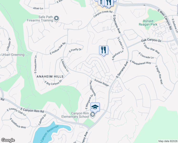 map of restaurants, bars, coffee shops, grocery stores, and more near 7741 East Portofino Avenue in Anaheim
