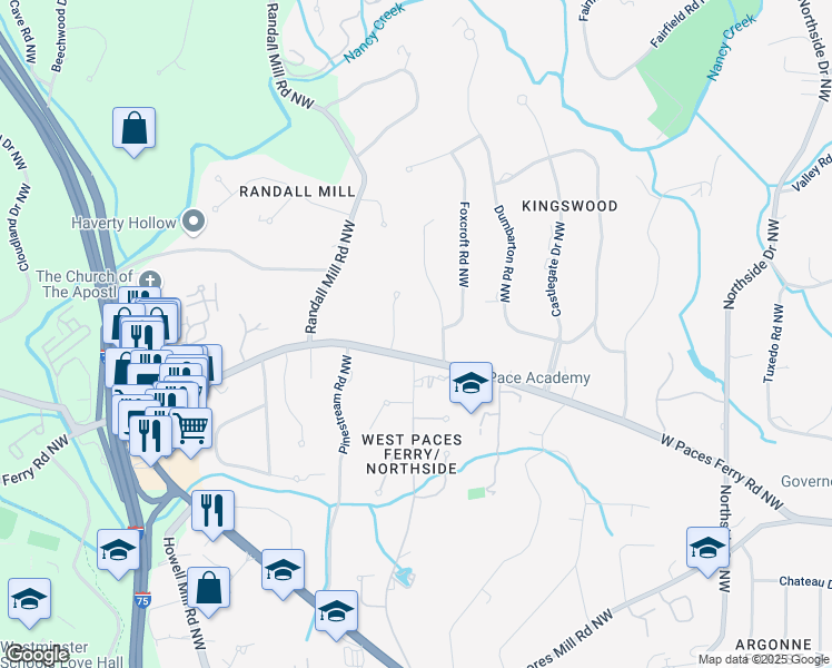 map of restaurants, bars, coffee shops, grocery stores, and more near 1011 West Paces Ferry Road Northwest in Atlanta