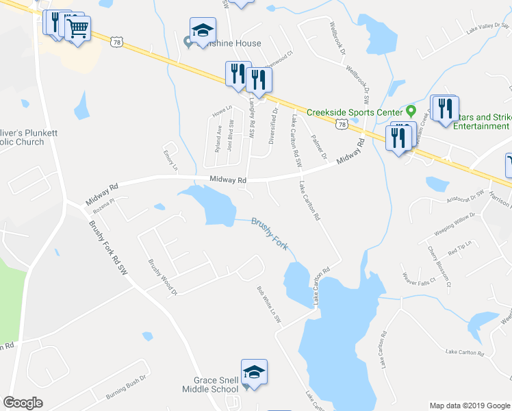 map of restaurants, bars, coffee shops, grocery stores, and more near 794 Langley View Court in Loganville