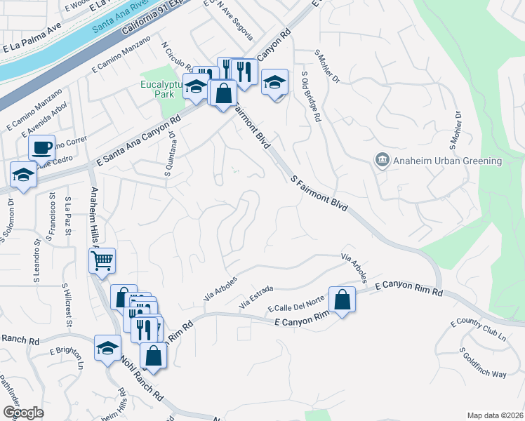 map of restaurants, bars, coffee shops, grocery stores, and more near 334 South Whitestone Drive in Anaheim
