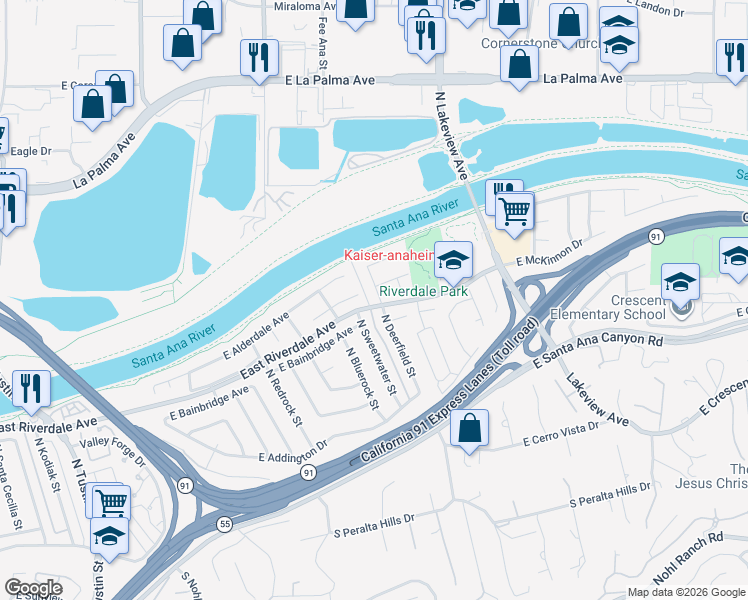 map of restaurants, bars, coffee shops, grocery stores, and more near 401 North Deerfield Street in Anaheim