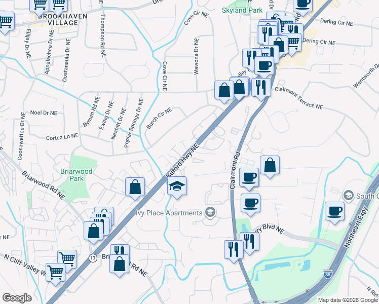 map of restaurants, bars, coffee shops, grocery stores, and more near Buford Highway Northeast in Atlanta