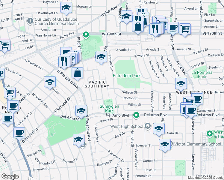 map of restaurants, bars, coffee shops, grocery stores, and more near 5540 Norton Street in Torrance
