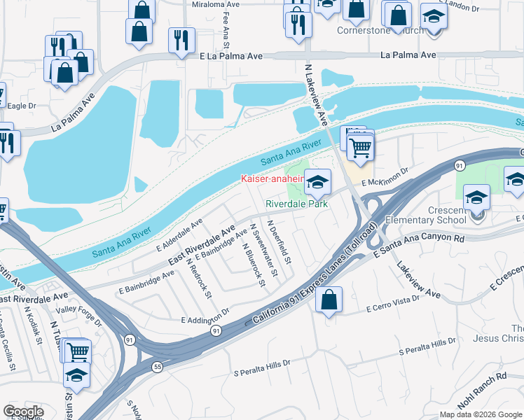 map of restaurants, bars, coffee shops, grocery stores, and more near 401 North Deerfield Street in Anaheim