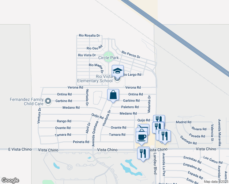 map of restaurants, bars, coffee shops, grocery stores, and more near 67685 Verona Road in Cathedral City