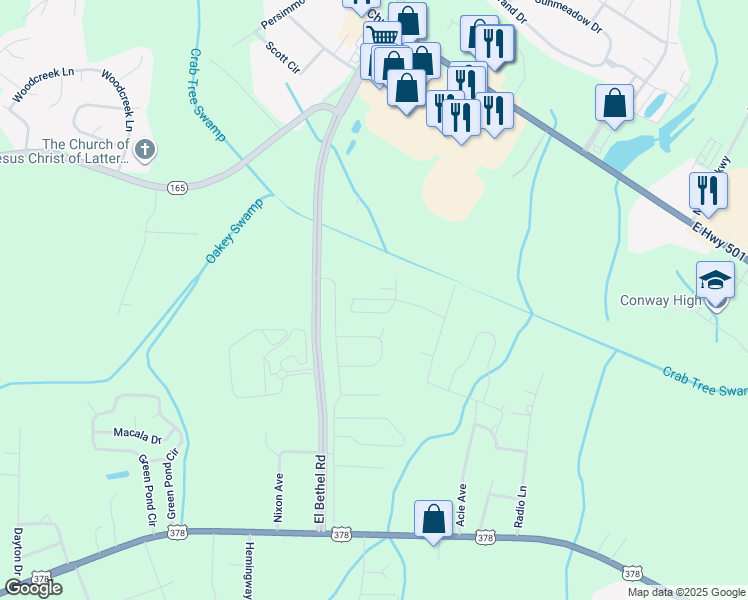 map of restaurants, bars, coffee shops, grocery stores, and more near 525 West Road in Conway